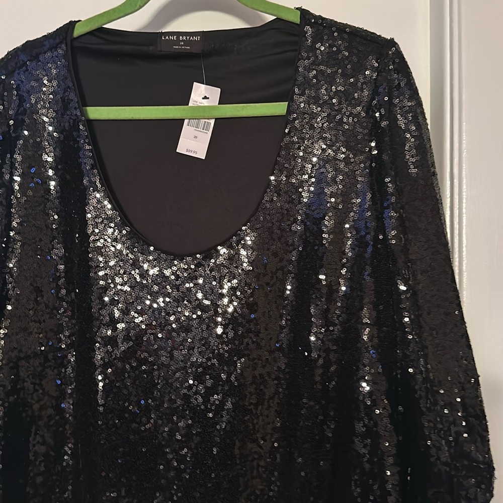 Lane Bryant Black Sequin Balloon Sleeve Round Neck Top Blouse, NWT, size 20